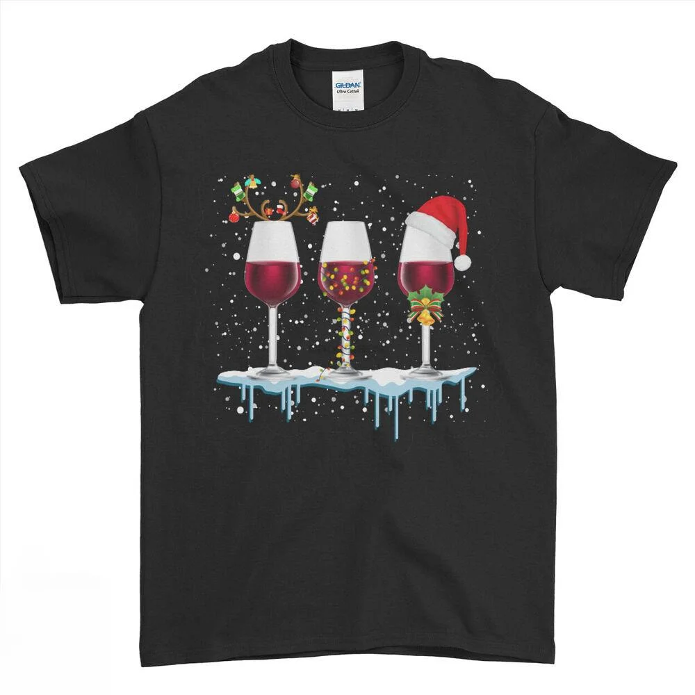 Christmas Alcohol T-Shirt Three Glass of Red Wine Lover Santa Hat Xmas Party Top