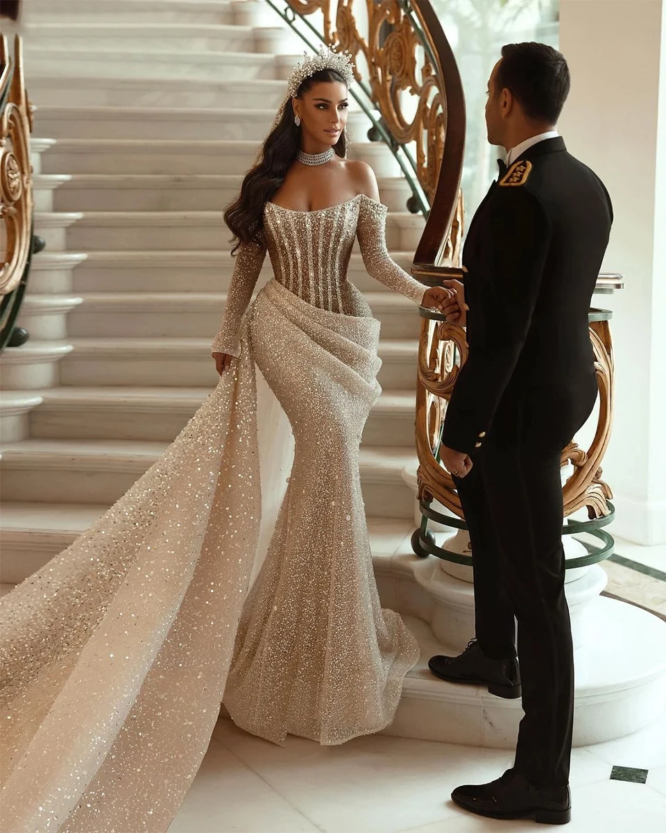 Saudi-Dubai-Glitzer-Meerjungfrau, schulterfrei, formelles Abendkleid 2025, lange Ärmel, glitzernde Pailletten, Damen-Feier-Party-Abschlussballkleid