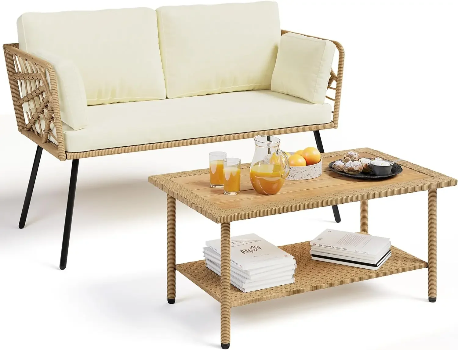 

%a 4 Pieces Patio Furniture Set, 5 Seater for Backyard, Porch, Boho Detachable Lounger with Cushions and Side Table - Beige