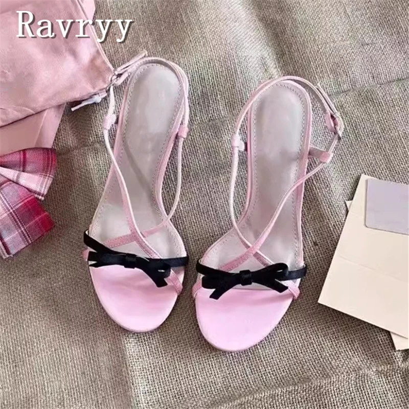 Girl Summer New Sweet Butterfly Bow Sandals Pink Black Mixed Colors Thin High Heels Outdoor Casual Dress Footwears