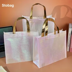 StoBag 10pcs Laser Non-woven Tote Bags Shopping Shoulder Fabric Woman Storage Reusable Large Pouches Custom Logo(Extra Fee)