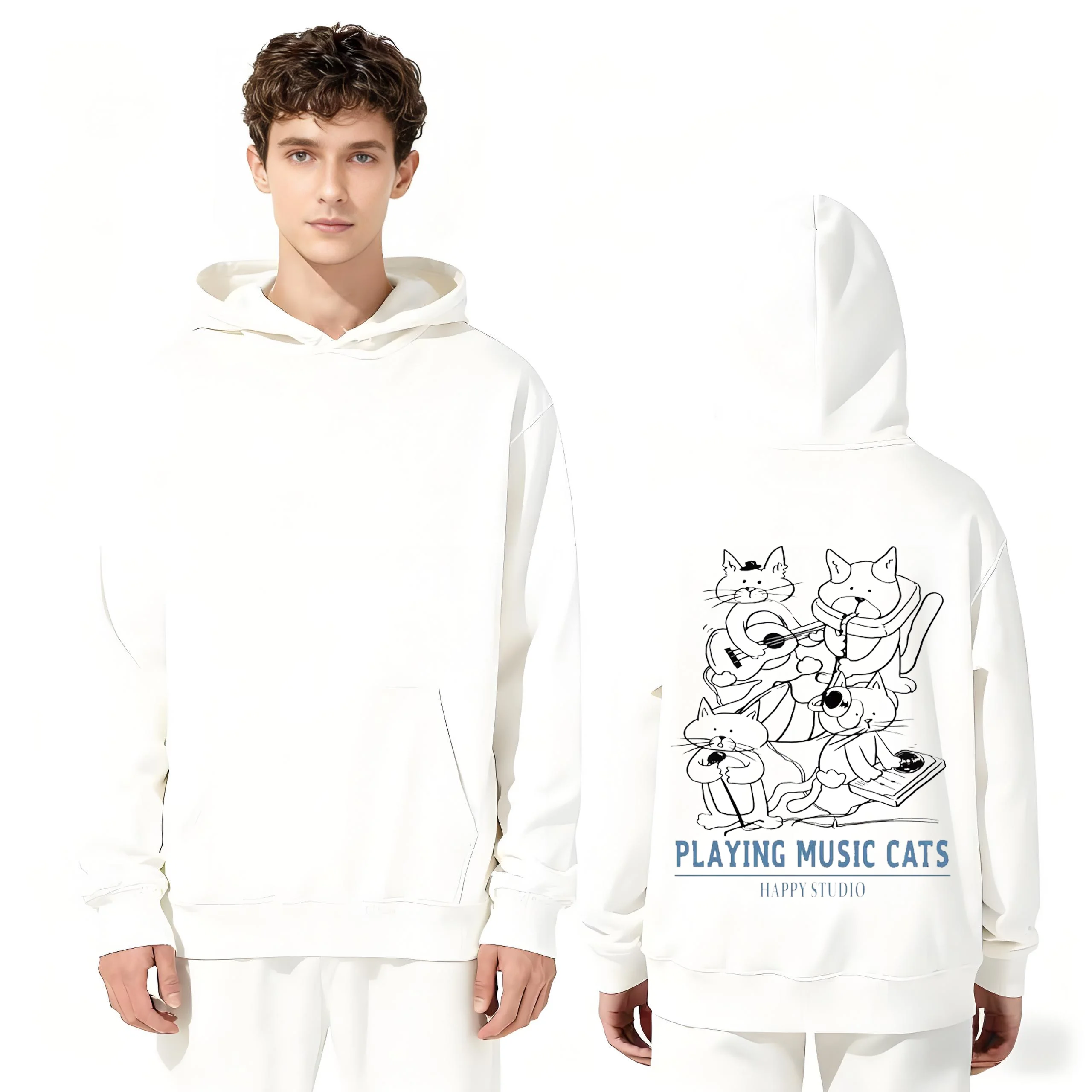 

Модная тяжелая толстовка с капюшоном, 330 г, белая кошачья группа с принтом, играющими в музыку, кошки, счастливый дизайн студии, удобная толстовка унисекс