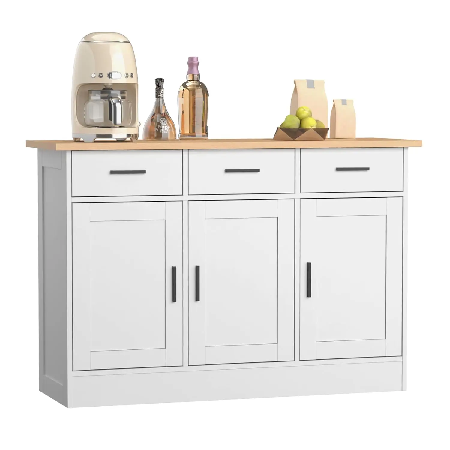 White Buffet Cabinet 3 Doors Drawers, Kitchen Sideboard Console Table Living Dining Room Entryway Storage, 47.2
