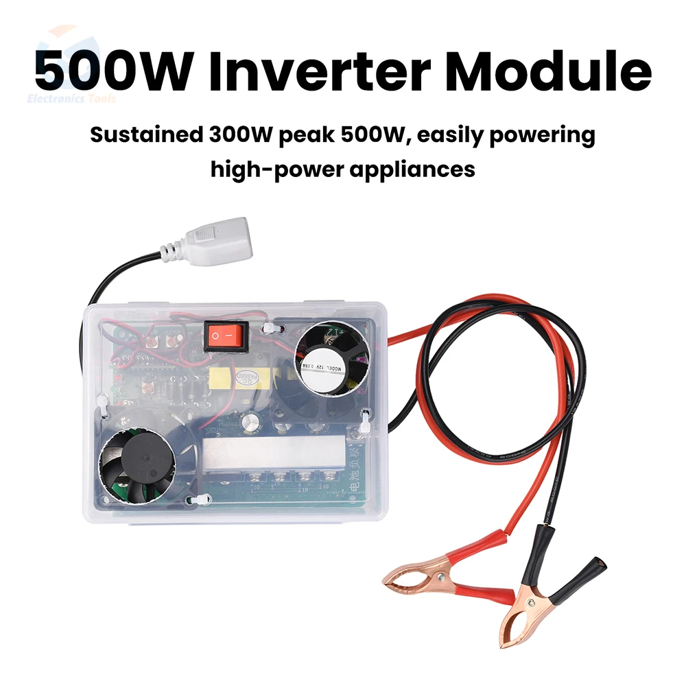 500W Inverter Module DC 12-14.5V to AC 220V Step-Up Transformer Module with Alligator Clip Supports Fans and Vehicle Charging