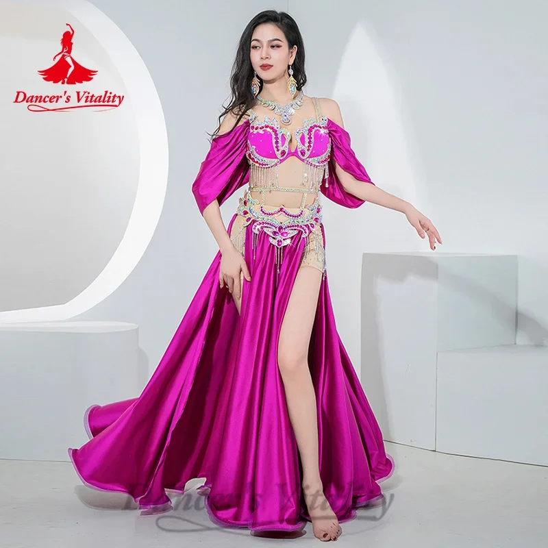 Costumi di danza del ventre Vestito da donna personalizzato con nappe di diamanti Reggiseno + Gonna lunga divisa in raso 2 pezzi Costumi di danza orientale