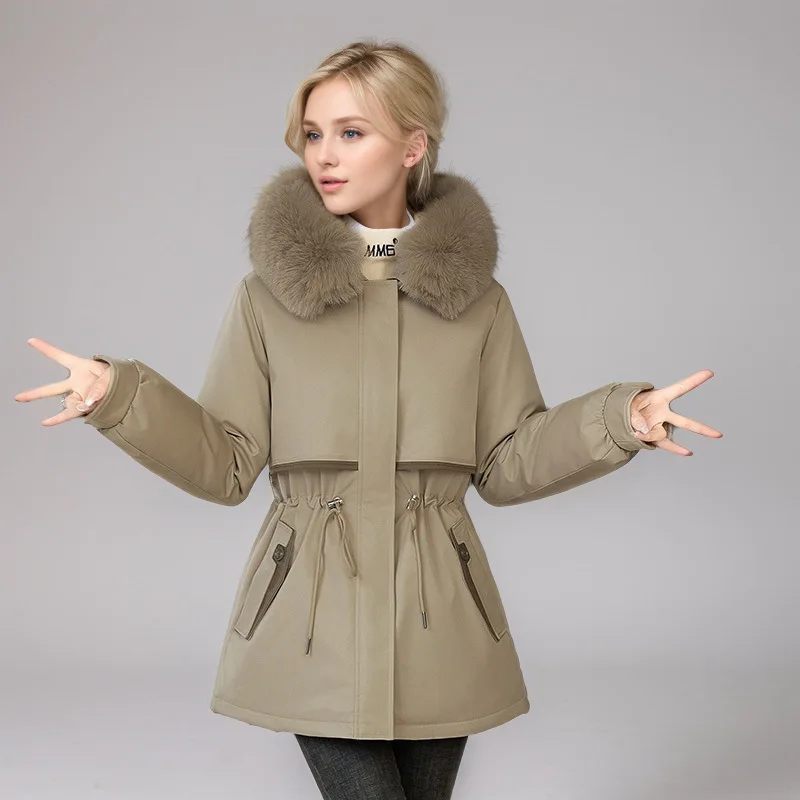 

Winter Female's Parka Jacket Solid Drawstring Detachable-Liner Luxury Fur Collar Women's Coat Figure-flattering Top For Lady