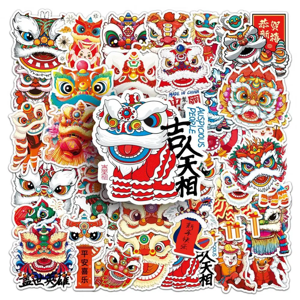 50Pcs Lion Dance Stickers Traditional Culture Chinese New Year Stickers Trend Waterproof PVC Sticker for Laptop Suitcase Decals