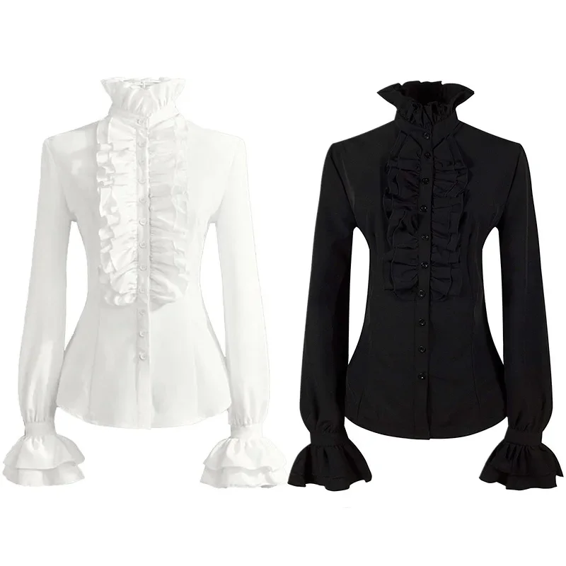

New Womens Bowknot Lace Ruffled Shirts Vintage Vampire Renaissance Victorian Steampunk Medieval Gothic Shirt Halloween Costume