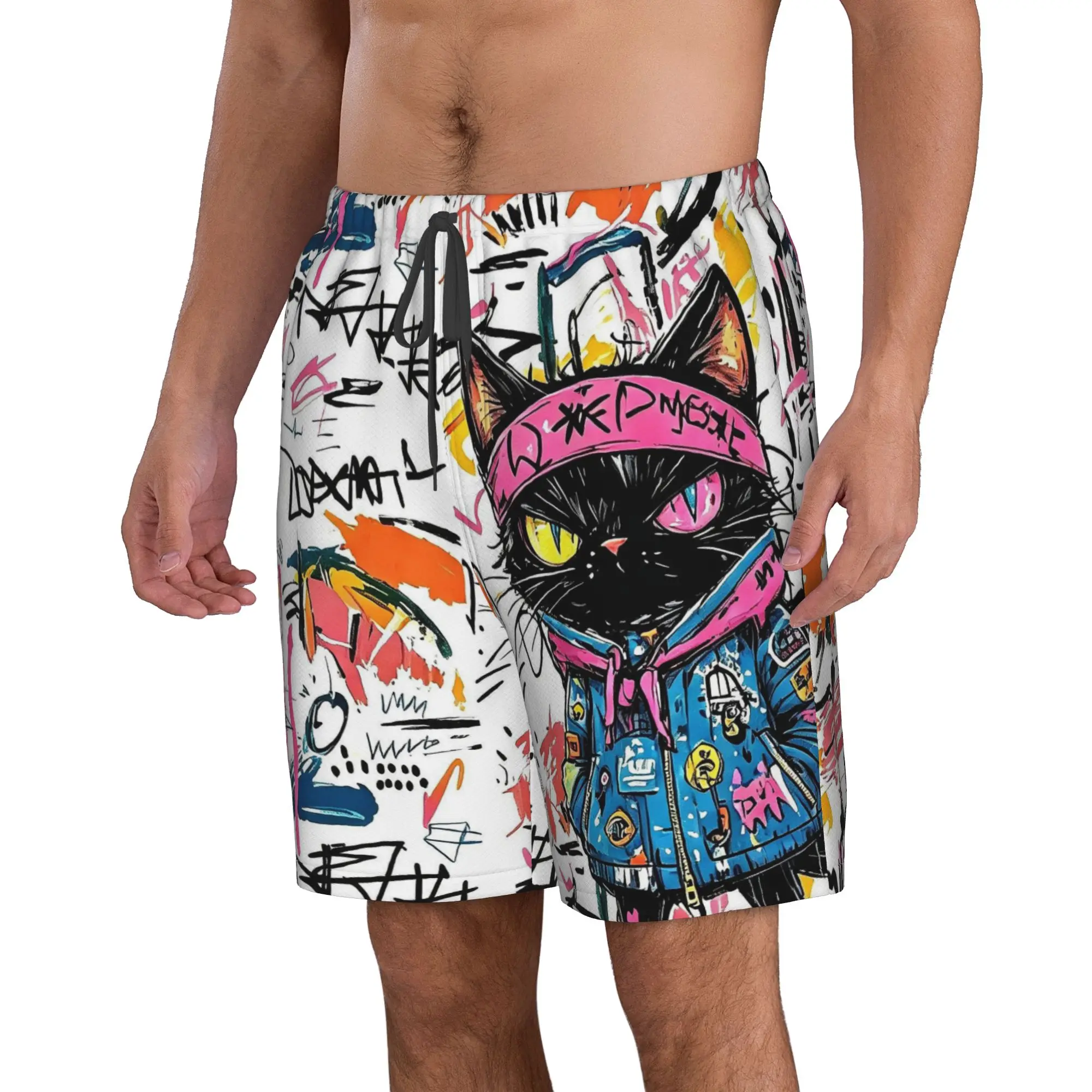 Colorful Graffiti Cat Trunks Beach Board Shorts Casual Quick Dry Swim Summer Men Pants