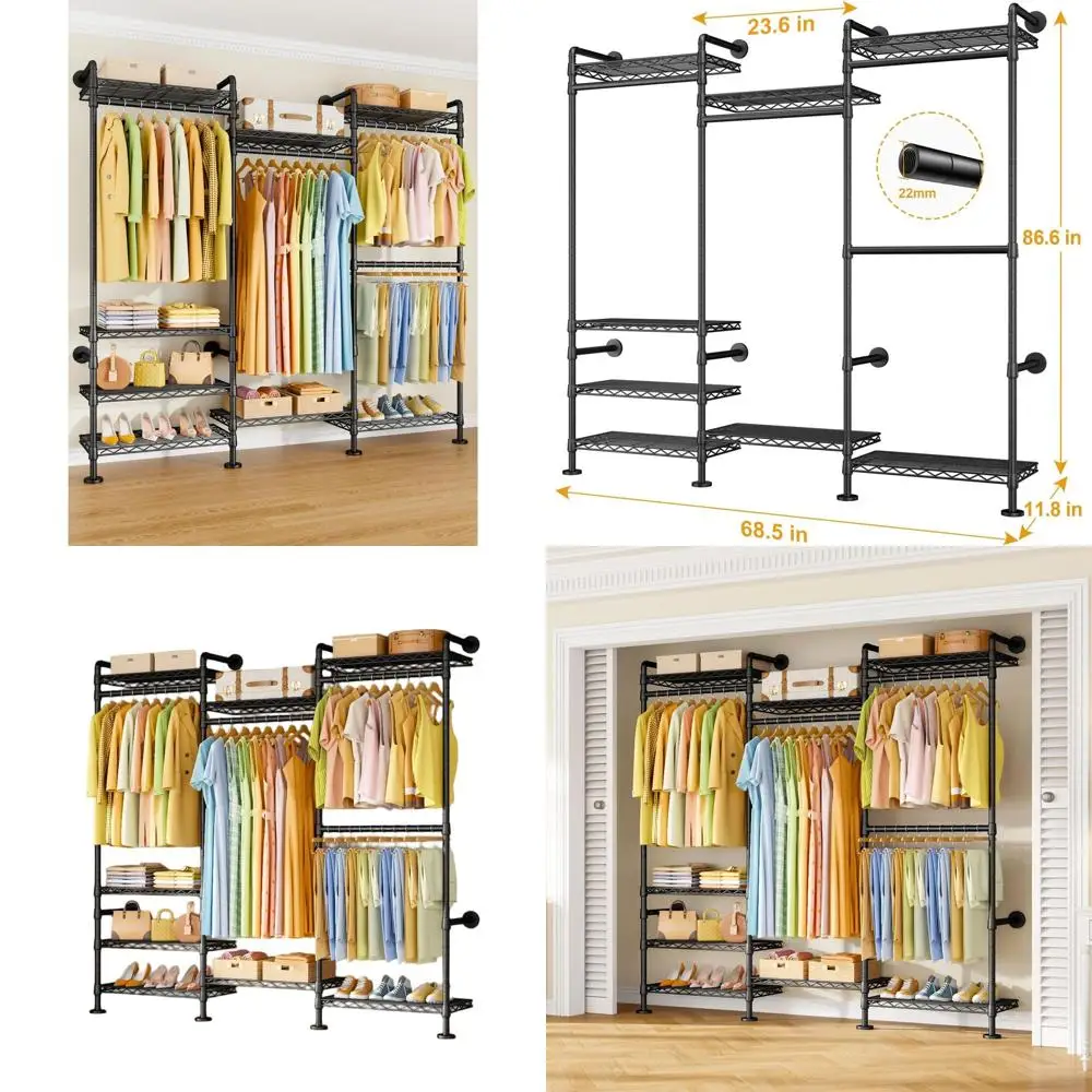 Perchero M6 de pared resistente con 8 estantes y 4 perchas, 68,5 ancho x 11,8 profundidad x 86,6 alto, negro, capacidad para 1064 libras