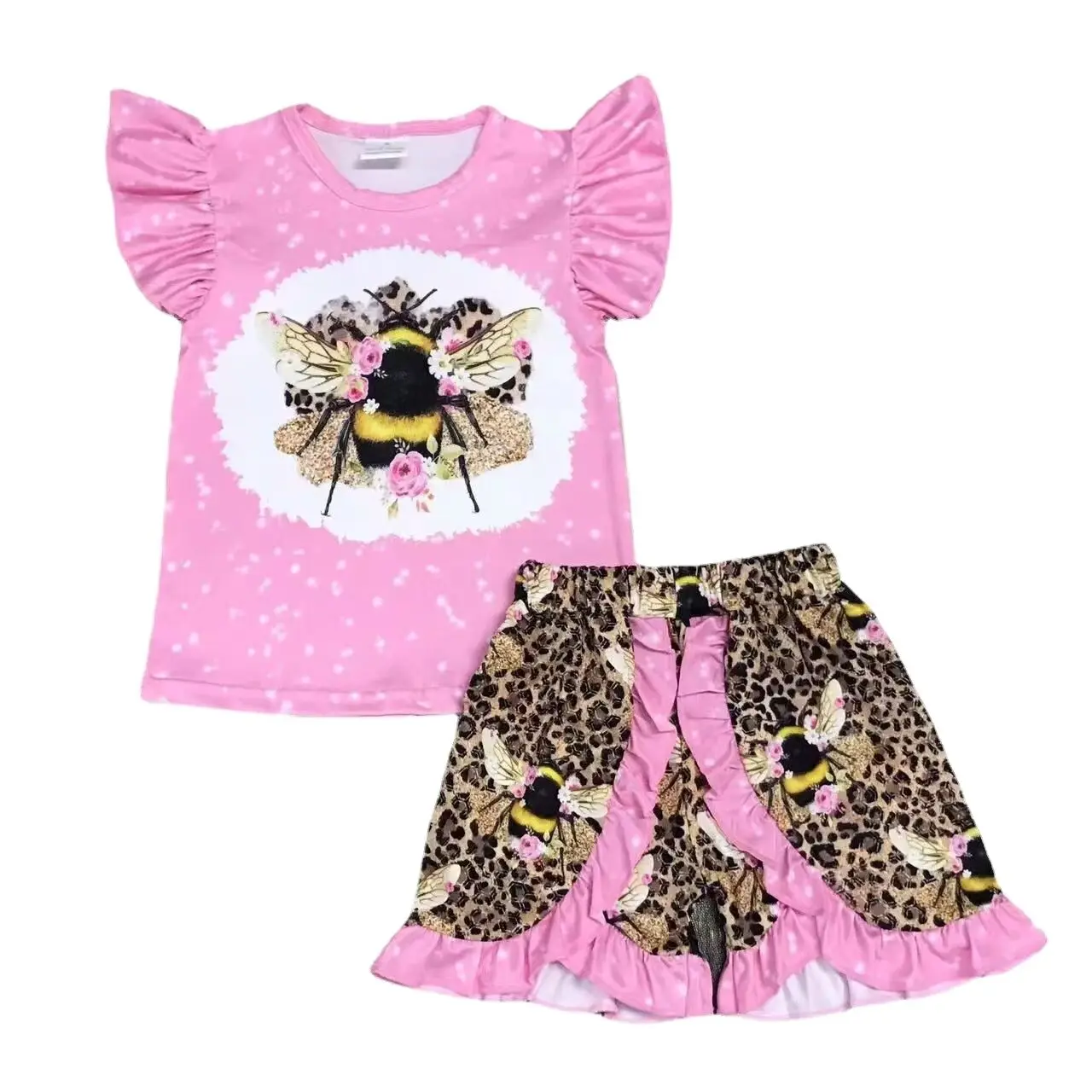 

Summer Boutique Girls Clothing Pink Short Sleeve Suit Cute Bee Print Flutter Sleeves Top Shorts 2-Piece Set