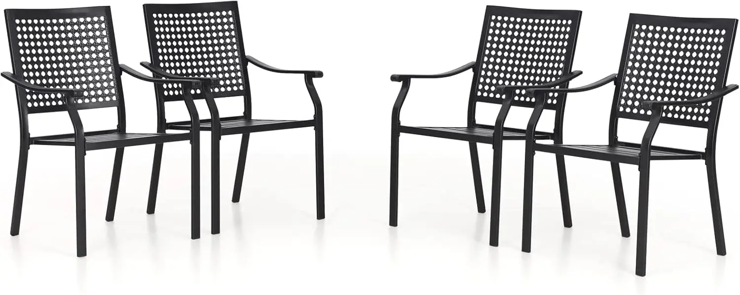 4 Pcs Metal Stackable Set of 4 Black Outdoor Dining Chairs with All Wrought Iron Frame for Garden