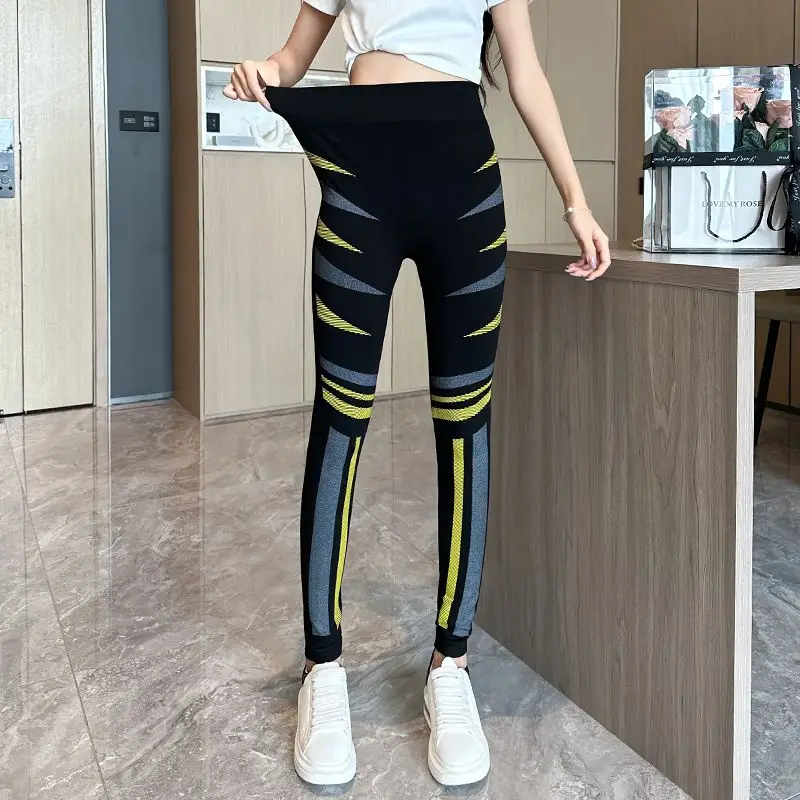 سراويل ضيقة نسائية عالية التمدد - سراويل متوسطة الخصر مطبوعة للخريف والشتاء، مقاس نحيف 9 طول لباس خارجي قيعان نحيفة