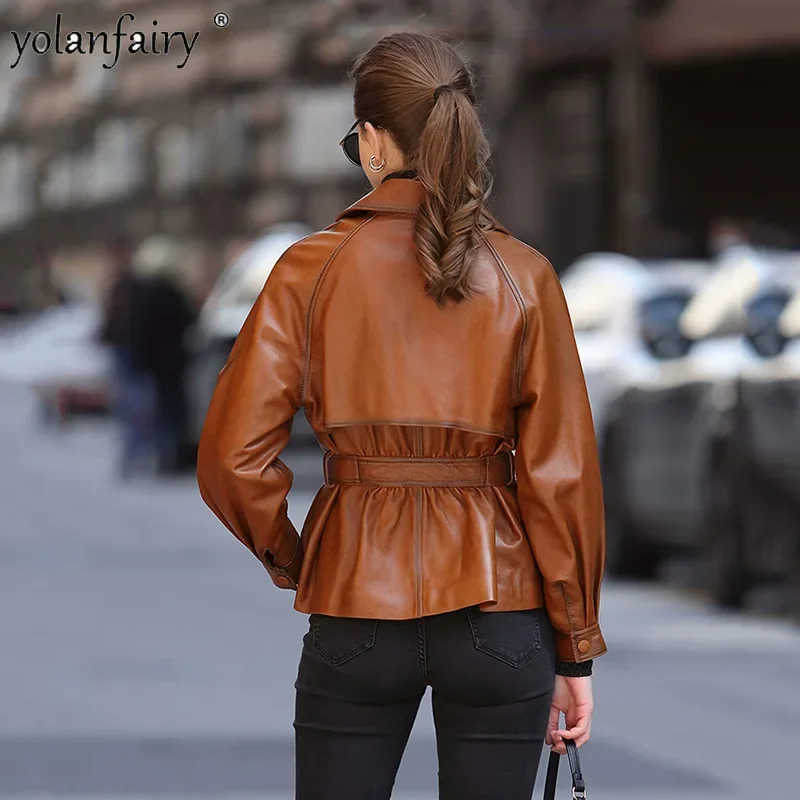 YOLANFAIRY Primavera Autunno Genuino Giacca di Pelle da Donna Cappotto di Pelle di Pecora Naturale Sottile Moda Cappotti di Pelliccia Cintura Corta Abbigliamento Femminile
