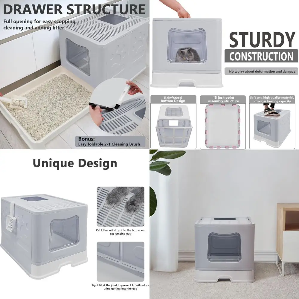 

Foldable Jumbo Enclosed Cat Litter Box with Lid - Top Entry Anti-Splash Toilet - Includes Scoop & 2-in-1 Brush (Grey)