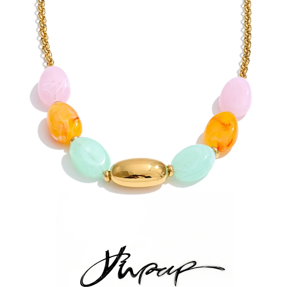 Yhpup Spring Summer Style Stainless Steel Candy Color Resin Stone Chain Handmade Necklace 2026 Waterproof Light Color Jewelry