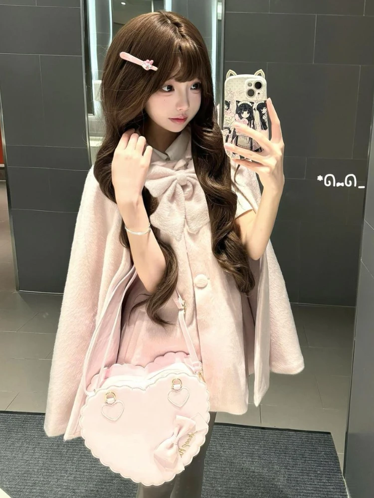 Sweet Warm Pink Lapel Bow Shawl Coat Women Japanese Kawaii Loose Single-breasted Woolen Coat Design Lovable Elegant Cape Outfits