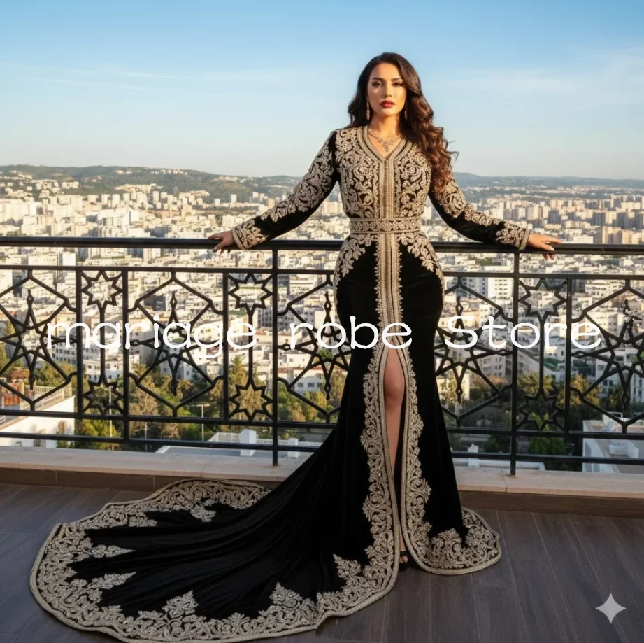 Vestido de Noche Formal de Terciopelo Negro Estilo Sirena, Karakou Argelino, Manga Larga, Abertura Alta, Aplicaciones, Caftán, Henna, Traje Personalizado