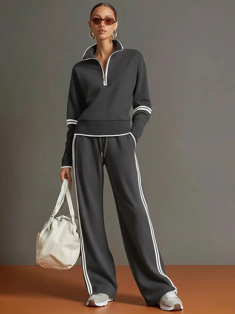 2026 Casual Striped Hoodie Sports Outfits Women New Color Blocking Wide Leg Pants Two Piece Sets Autumn Winter Loose Pants Suit