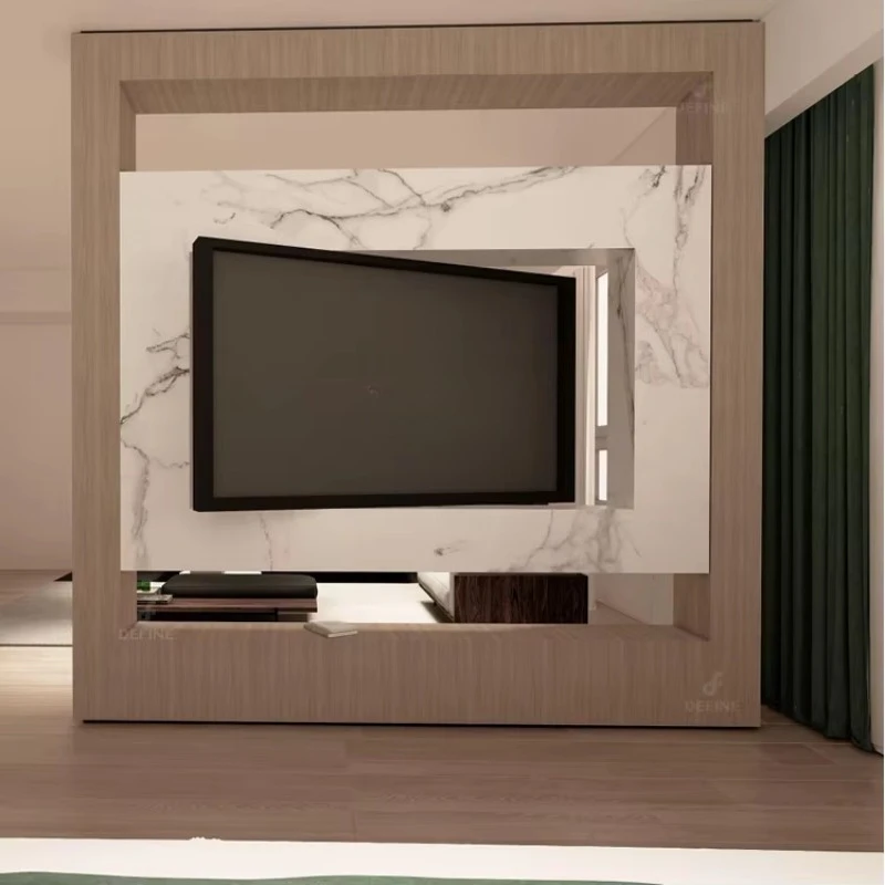 Design TV Cabinet Marble Panel Background Wall Unit Wooden Rotary TV Cabinet