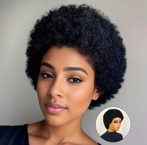 Imagen 1 del producto Peluca corta Afro rizada con corte Pixie para mujeres negras, pelucas brasileñas de cabello humano, gorro completo hecho a máquina, uso diario, 180% de densidad