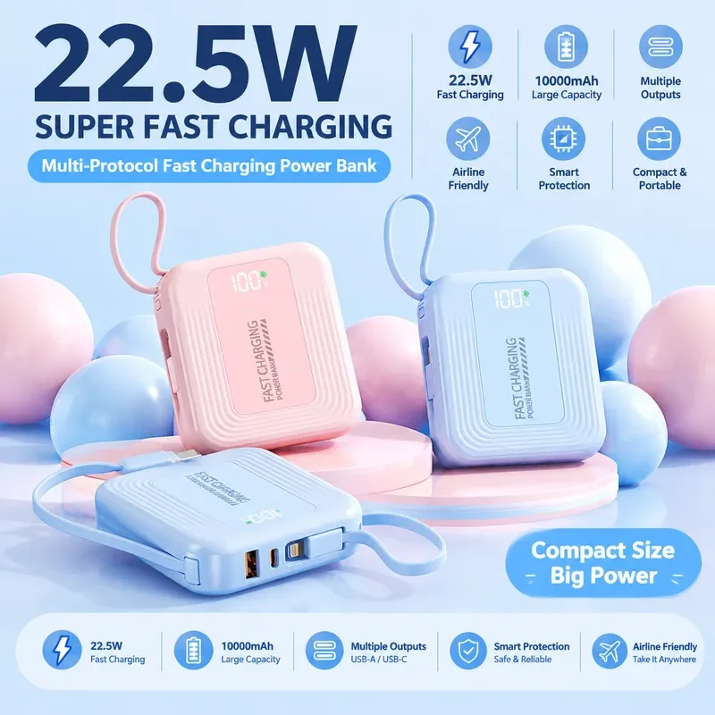 20000mAh Power Bank 22.5W Fast Charging with Dual Built-in Cables Compact Portable Charger 3C Certified Mobile Power Supply