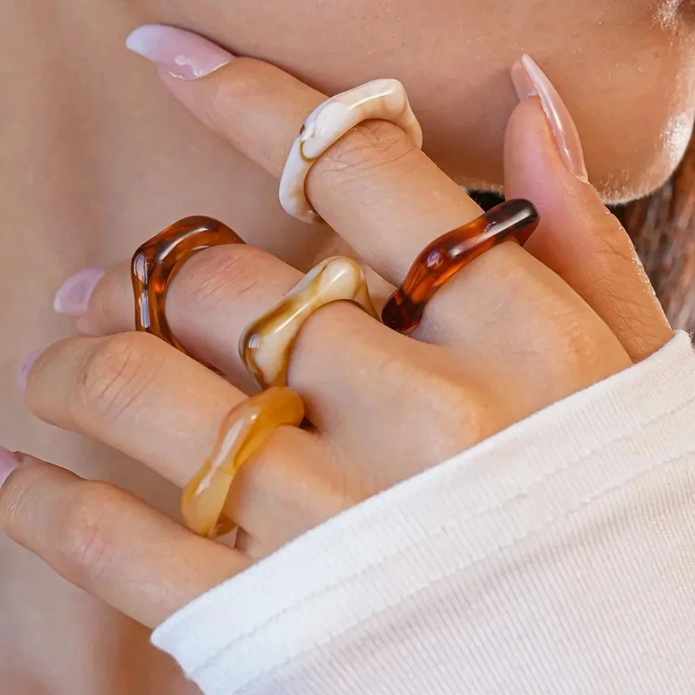 5 Pcs Colorful  Irregular Smudging Acrylic Rings for Women Aesthetic Ring Index Finger Knuckle Resin Rings Jewelry Sets