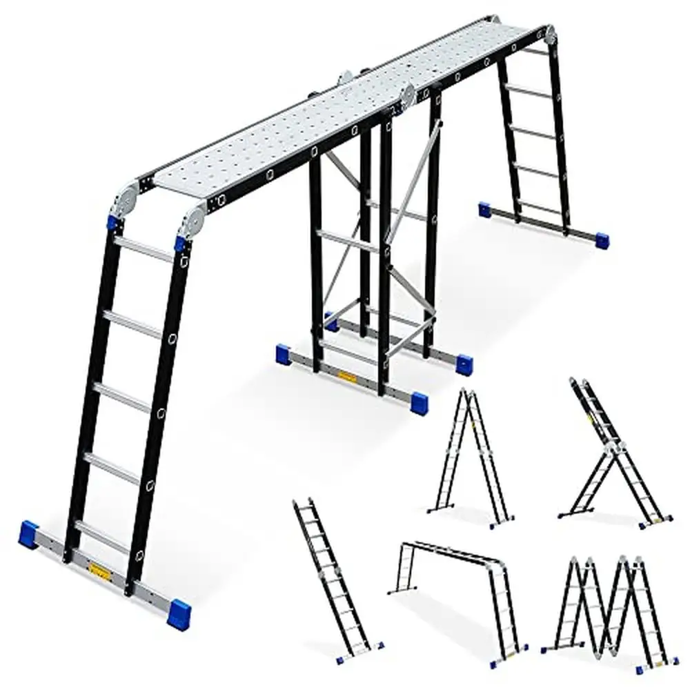 Multi-Position Aluminum Extension Ladder 19.6ft 7 in 1 Scaffold Telescoping Step Heavy Duty Anti-Slip  Support Rack Kit 1200lbs