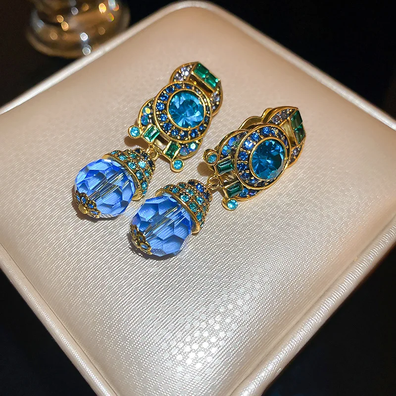 Women's Vintage Blue Water Drop Crystal Clip Earrings