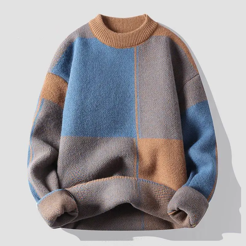 New Causal Sweater Men Warm Half Turtleneck Pullover Knitted Sweater Men Fashion Patchwork Knitting Pullovers Loose Sweaters