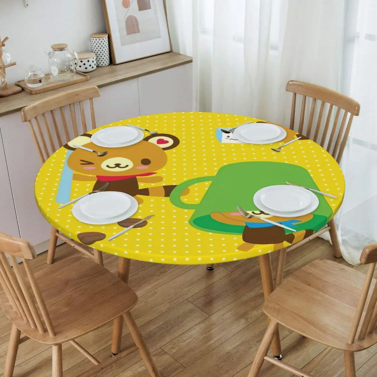 Round Waterproof Oil-Proof Cartoon Tenorikuma Sanrio Anime Bear Tablecloth Backing Elastic Edge Table Covers Fit Table Cloth