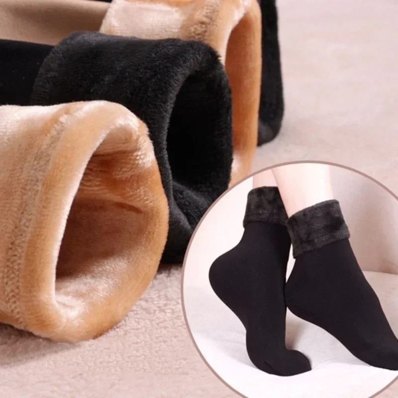 New Winter Warm Thick Socks for Women Thermal Wool Cashmere Floor Sleeping Sock Solid Black Skin Seamless Snow Soft Velvet Socks