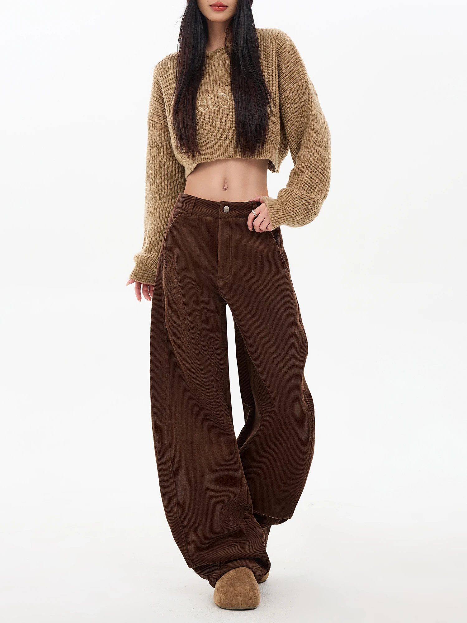 

Casual Lengthened Women's Khaki Corduroy Wide Leg Pants Spring New Sle Vintage Knife Pants Comfortable l Waist
