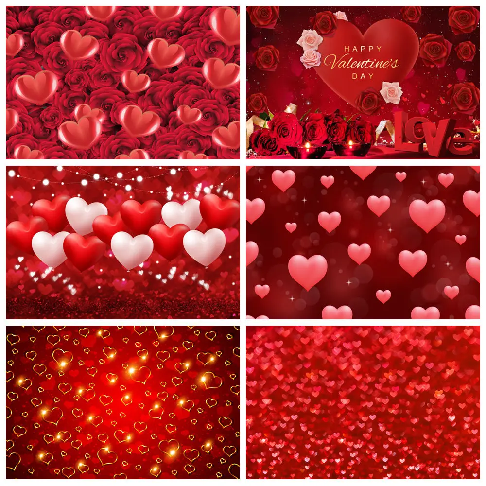 

February 14 Valentine's Day Backdrops For Photography Glitter Light Red Love Heart Flower Background Decor Photo Studio Props