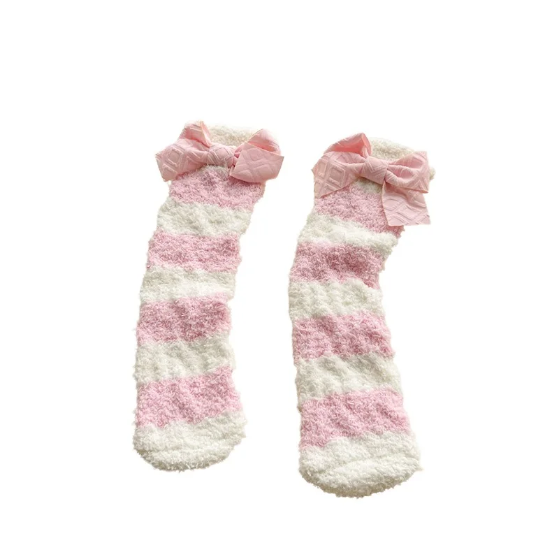 Kids Girls Slipper Socks Striped Soft Thick Cozy Fuzzy Socks with Cute Bow Winter Warm Plush Home Socks for Indoor