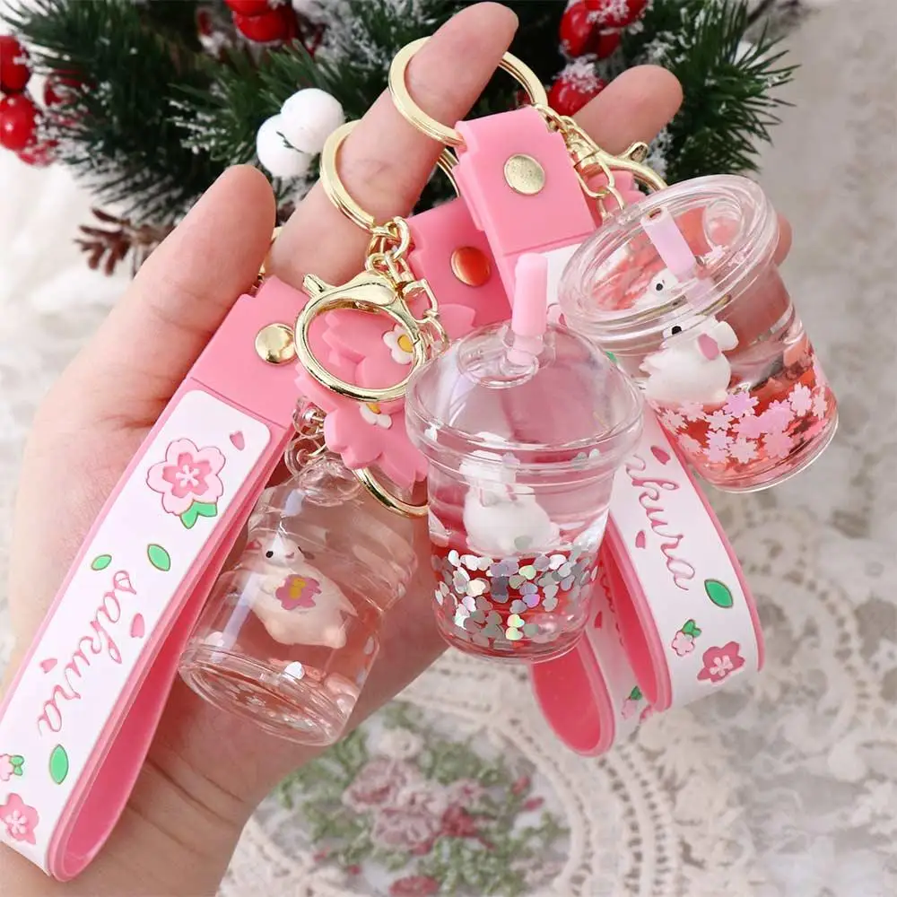 Cartoon Cherry Blossom Rabbit Milk Tea Cup Liquid Keychain Cute Floating Quicksand Animal Keyring Women Bag Pendant Keyfob Gifts