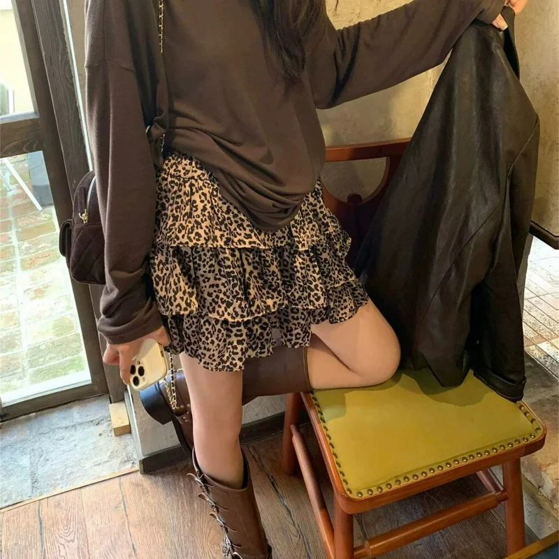 Leopard Print Lotus Leaf Edge Women's Puffy Skirt 2026 Spring Autumn New Sweet Cool Fashion Versatile Thin Short Skirts Ladies