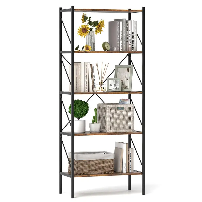 

5-Tier Bookshelf with Open Shelves and Heavy Duty Metal Frame-Rustic Brown