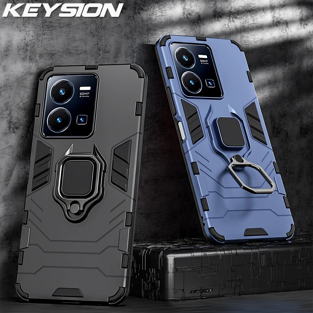 

KEYSION Shockproof Armor Case for VIVO Y35 Y22S Y16 Silicone + PC Metal Ring Stand Phone Back Cover for VIVO Y16 Y22S Y35 4G