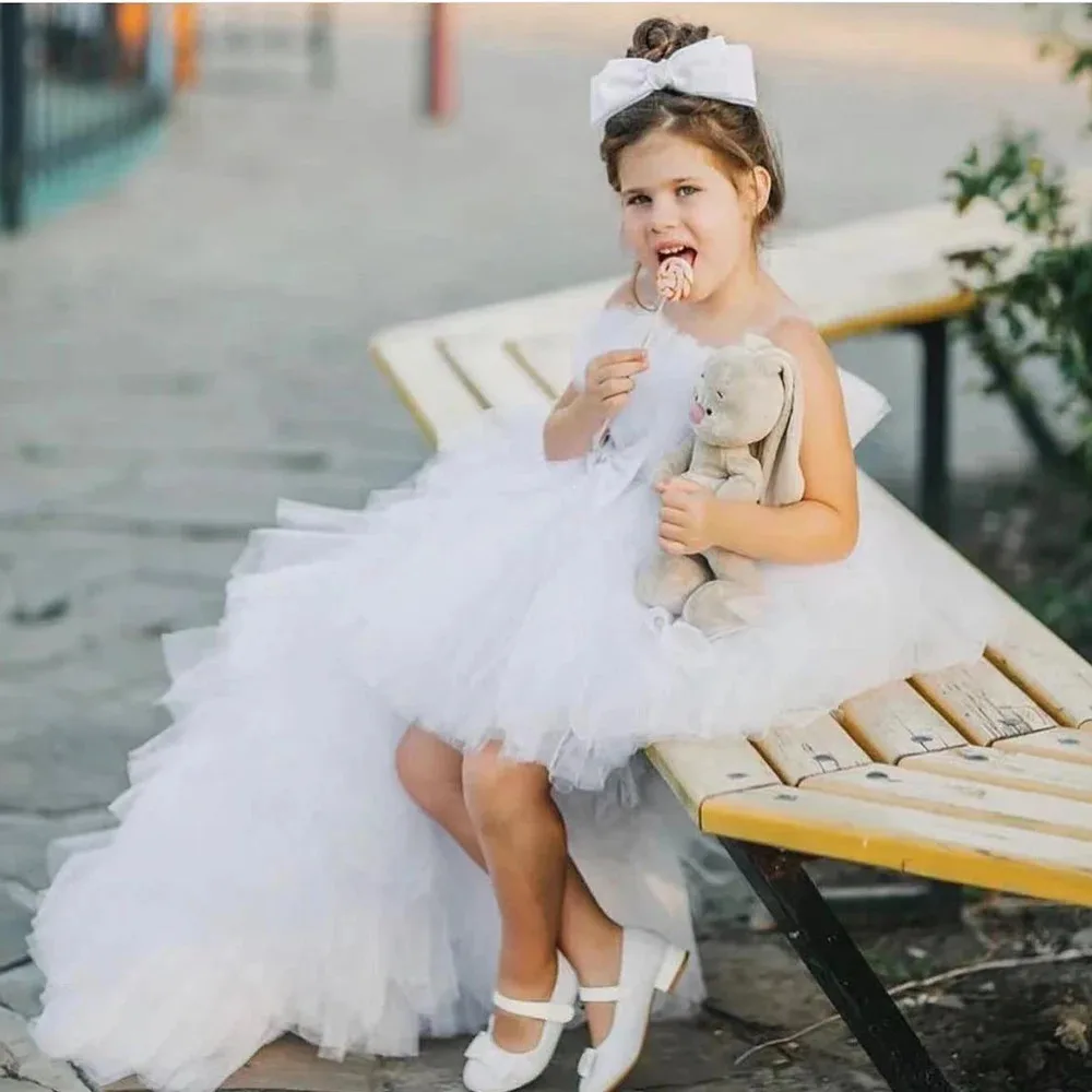 Vestido de flor em camadas para casamento, tule branco, sem mangas com arco, primeira comunhão infantil fofa, vestidos de aniversário