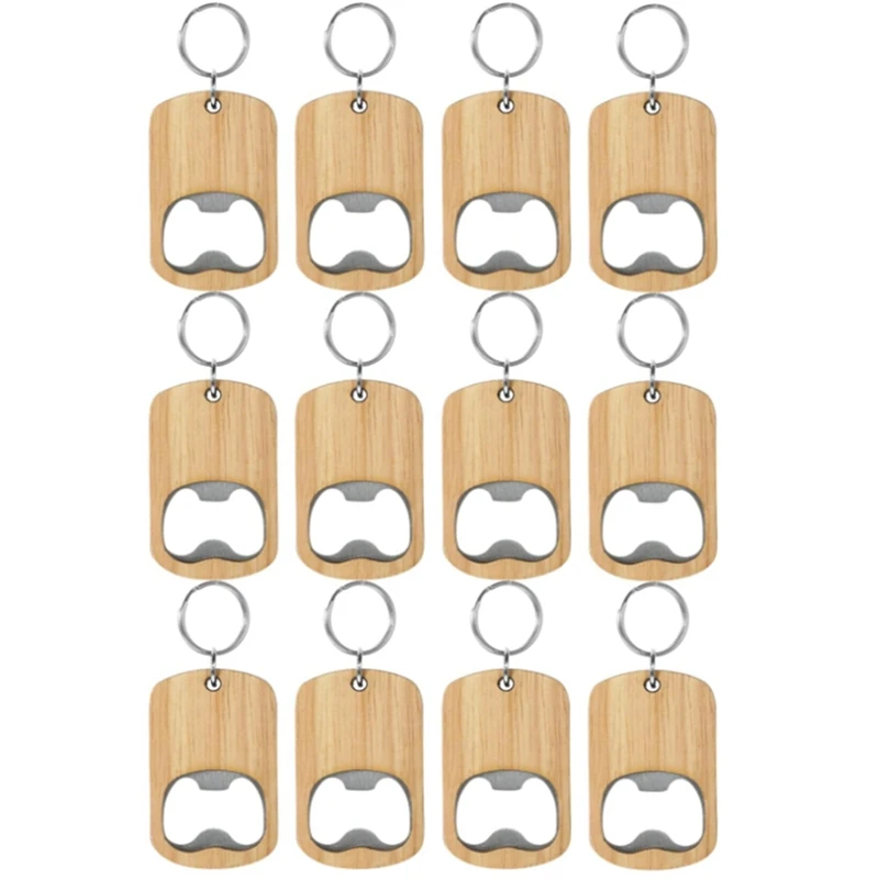 12Pack Wood Bottle Opener Wooden Keychain Bottle Openers Blanks Wood Engraving Key Chains Key Tag For Home Kitchen Party