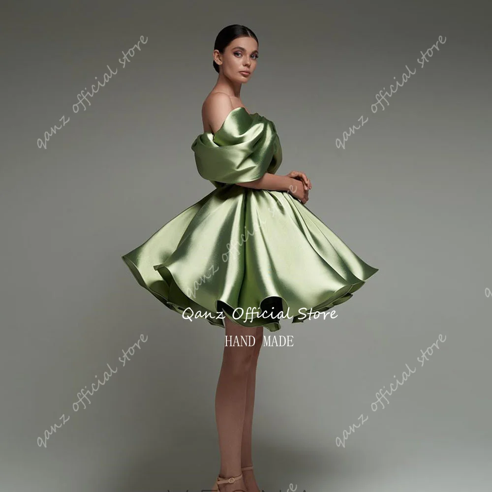 Qanz Off The Shoulder Green Prom Dresses Short Party Dresses Satin Abendkleider Dubai Luxury Cocktail Dresses 2024 Customized