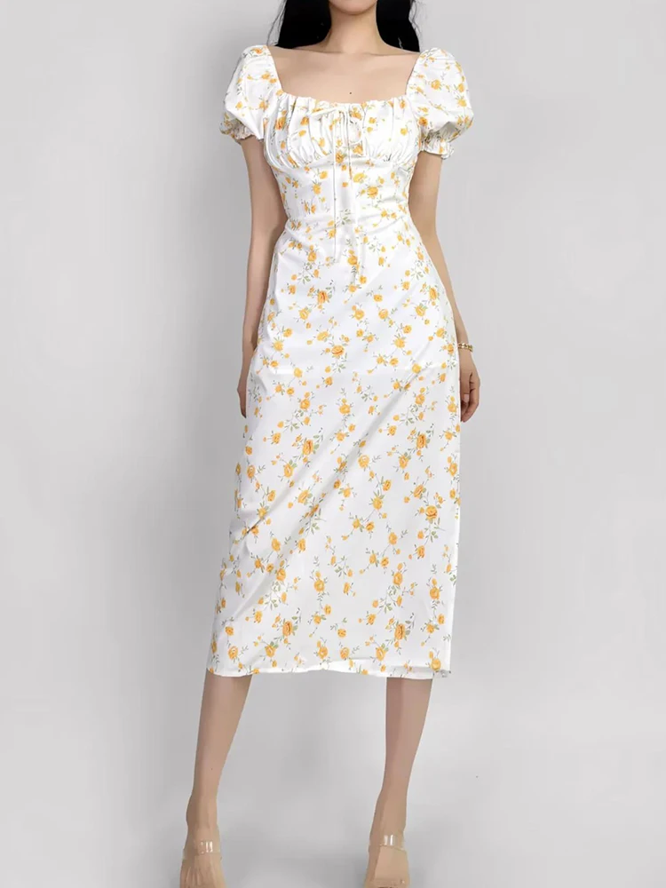 

Women Short Sleeve Floral Print Midi Dress Summer Square Collar Elegant Split Dresses