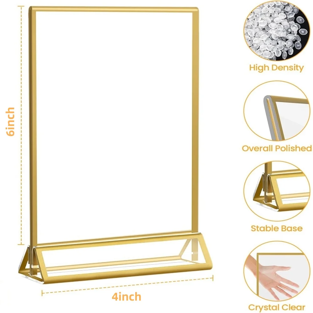 6 Pack Gold 4x6 Acrylic Picture Frame Sign Holder Double Sided Clear Display Stand for Wedding Table Numbers Menu Organizer