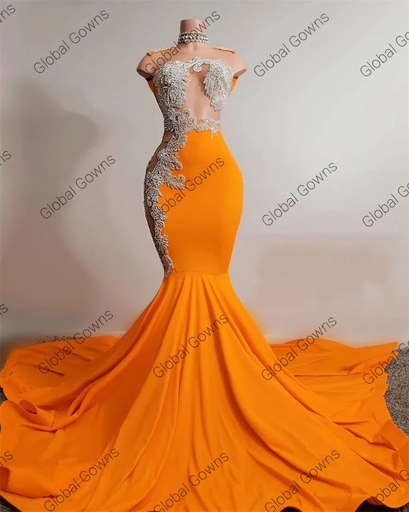 Vestido De fiesta largo con cuello redondo para niñas negras, traje De fiesta De cumpleaños con apliques De cuentas y Sirena, color naranja