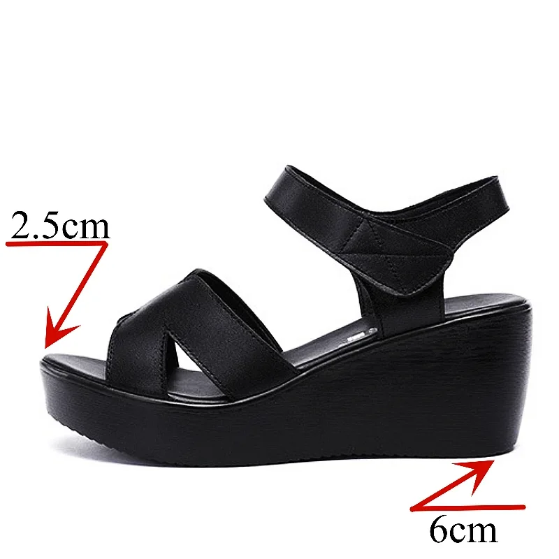 Small Plus Size 33-43 Soft Leather Shoes Women Med Heels Wedges Sandals 2024 Summer Thick Platform Sandals Office Beach Mom