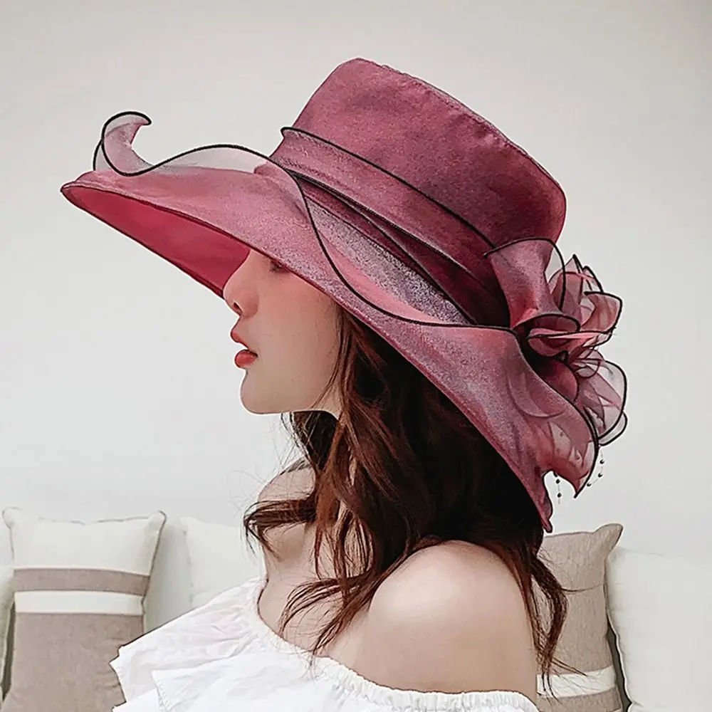 Women\'s Floral Organza Wide Brim Sun Hat Lightweight Breathable Sunshade Hat