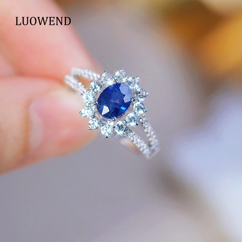 

LUOWEND 18K White Gold Rings Natural Sapphire Luxury Diamond Engagement Ring for Women Vintage Elegant Style High Party Jewelry