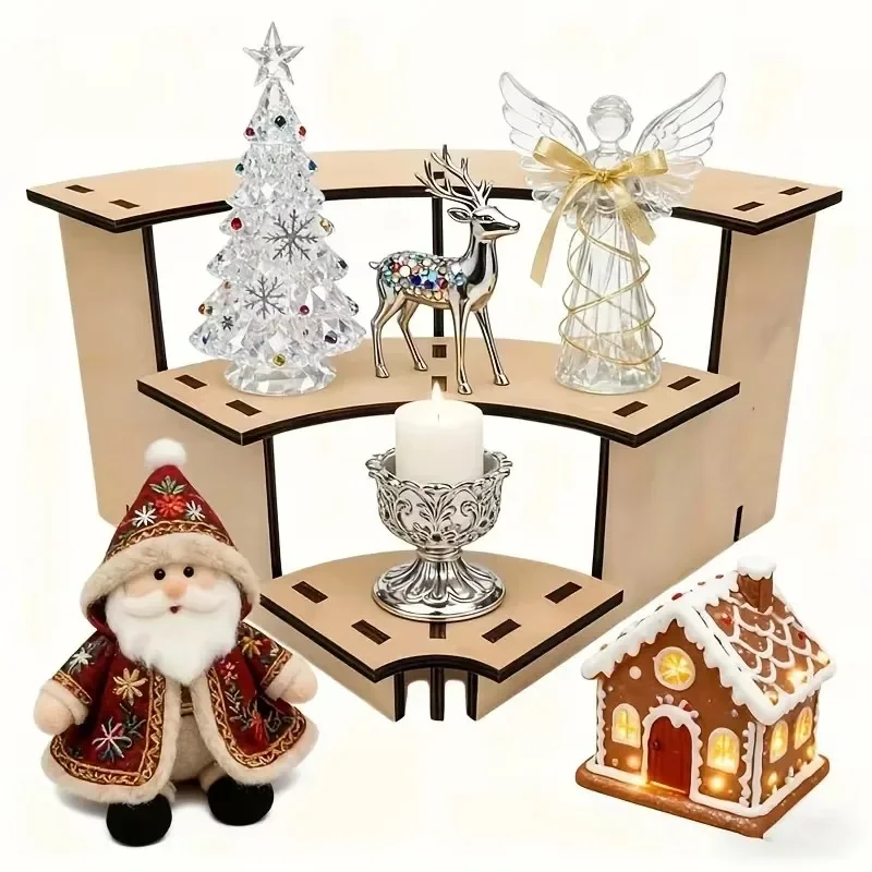 Christmas Display 3-Tier Convertible Wood Display Stand Heavy-Duty Wood Rotating Shelf with Modular Sections Easy Assembly
