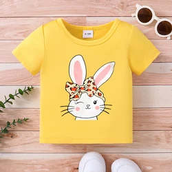 Summer Girls T-Shirt Round Neck Short Sleeved Cartoon Rabbit Letter Pattern Multiple Tops For Baby Toddler